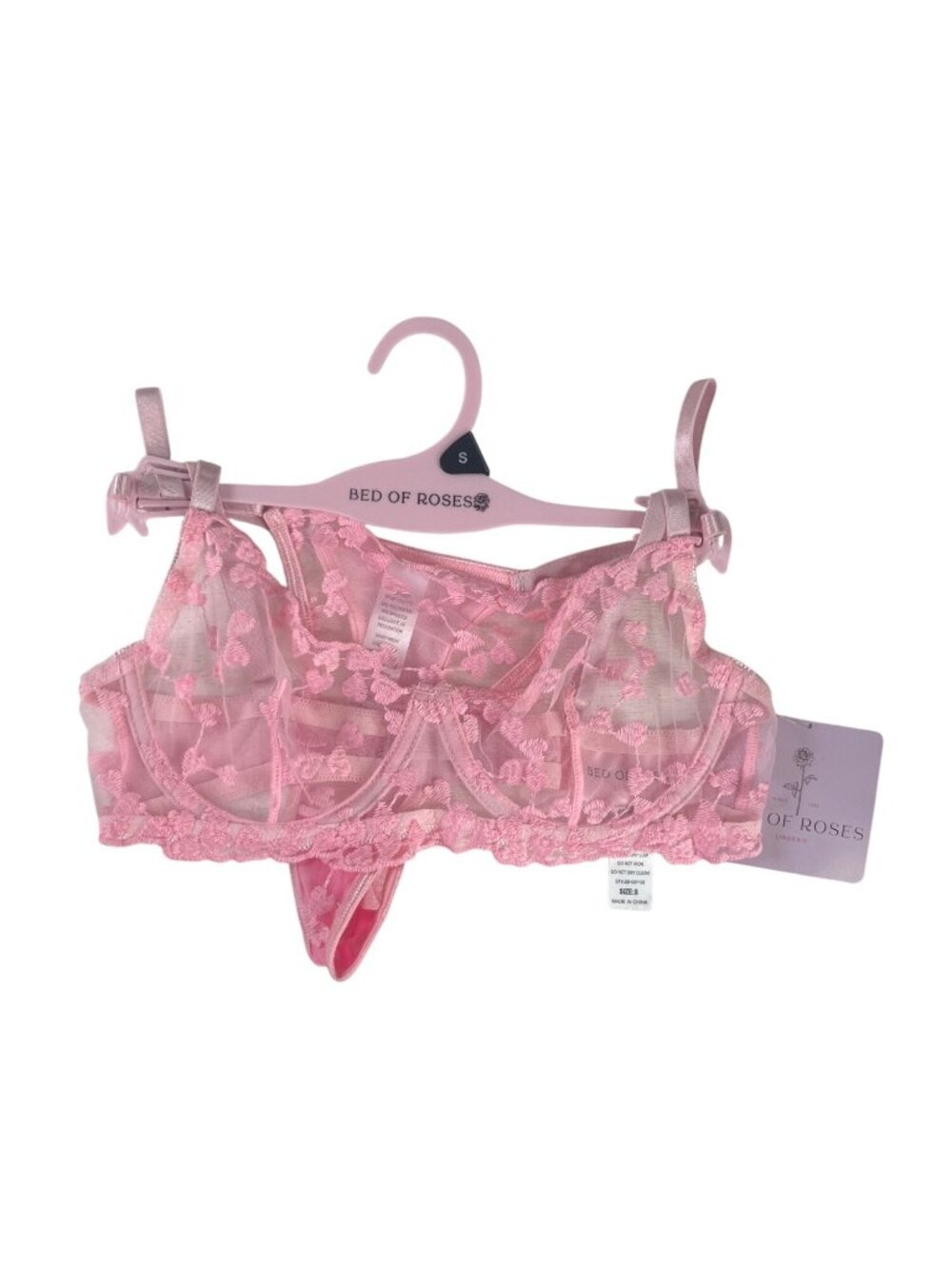 Bed Of Roses Heart Print Bra Set Small Pink Lace Unlined Two Piece Lingerie